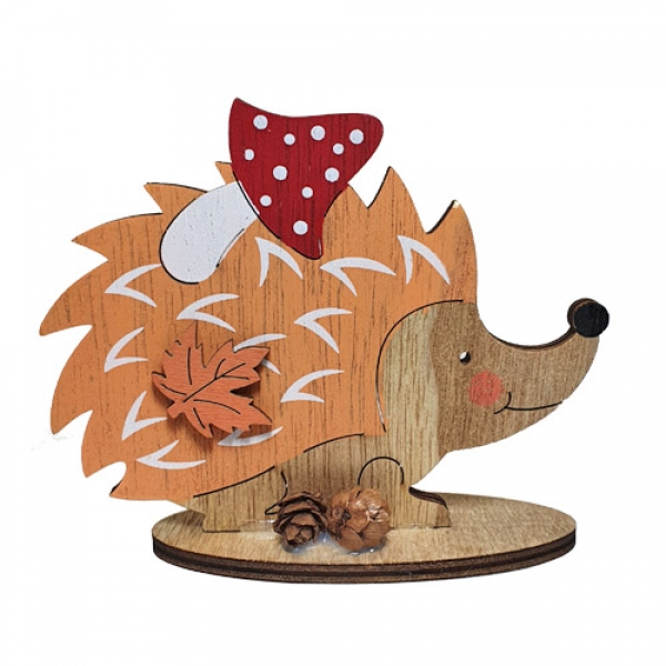 Kleiner Holz Igel mit Fliegenpilz, in Orange/Braun, 10 cm.