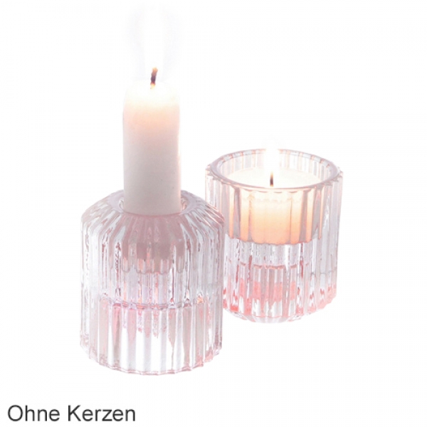 Glas Kerzenhalter 2 in 1 für Spitzkerzen, Leuchterkerzen, Teelichter in Rosa.