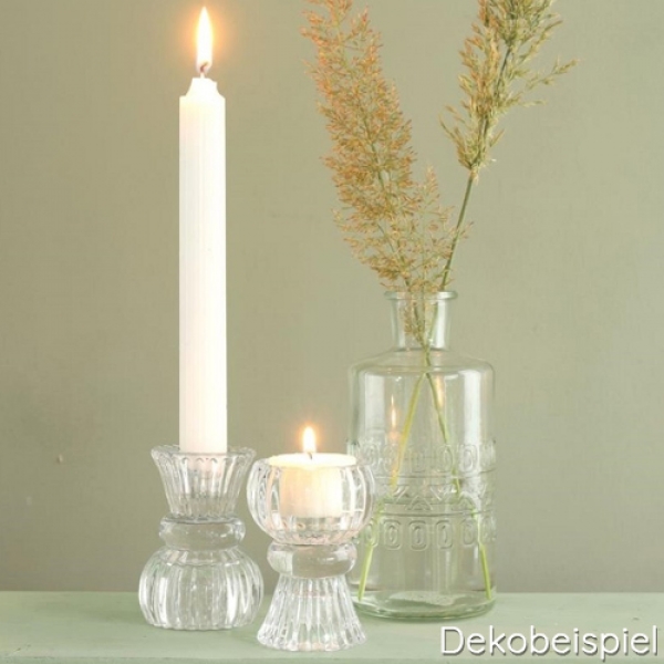 Dekobeispiel für den Glas Kerzenhalter Romantik, 2 in 1 für Spitzkerzen, Leuchterkerzen, Teelichter, klar.