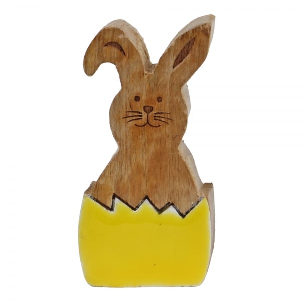 Mangoholz Osterhase, Eierschalen-Optik in Gelb, 10 cm.