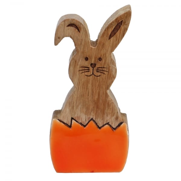 Mangoholz Osterhase, Eierschalen-Optik in Orange, 10 cm.