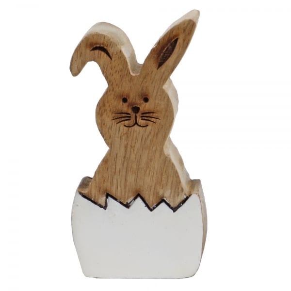 Mangoholz Osterhase, Eierschalen-Optik in Weiß, 10 cm.