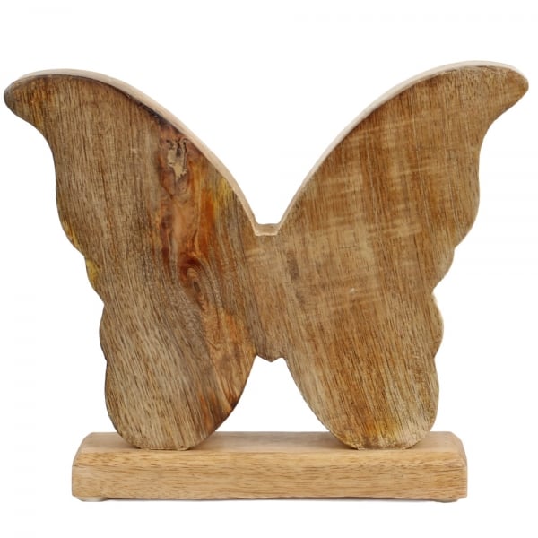 Deko Schmetterling aus Mangoholz, Glanz in Apricot-Orange, 19,5 cm, Rückseite.