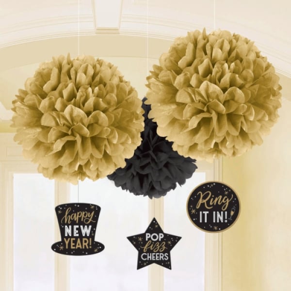 3 Pompons Silvester Sprüche zur Raumdeko in Schwarz-Gold, 40 cm