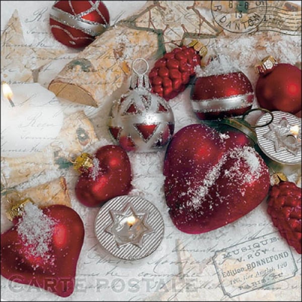 20er Pack Servietten Weihnachten, Christbaumschmuck in Rot, 33 x 33 cm.