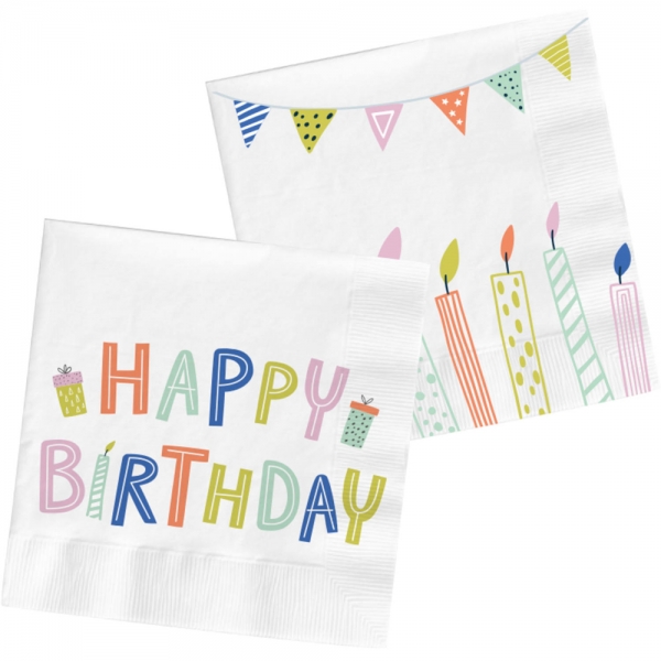 20er Pack Servietten Geburtstag, -Happy Birthday- , bunt, zweiseitig, 33 x 33 cm.