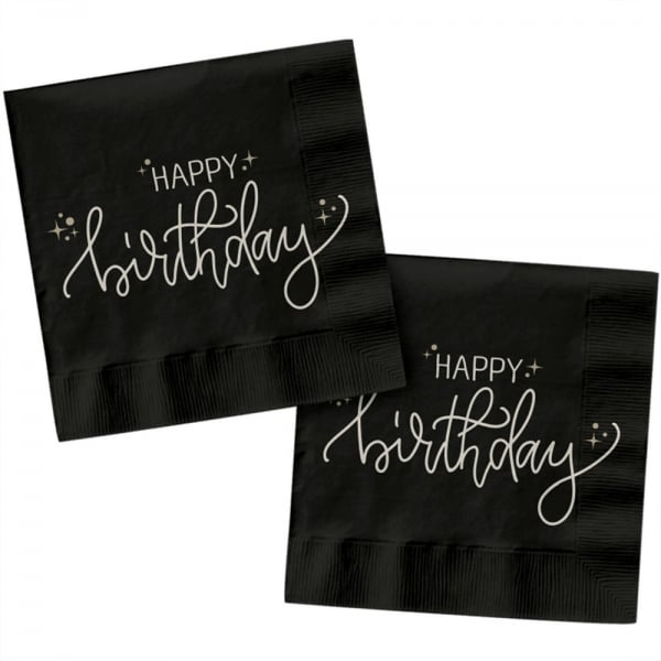 20er Pack Servietten Geburtstag, -Happy Birthday- in Schwarz, 33 x 33 cm.