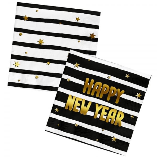 20er Pack Servietten Silvester, -Happy New Year-, vierseitig in Schwarz/Weiß, 33 x 33 cm.