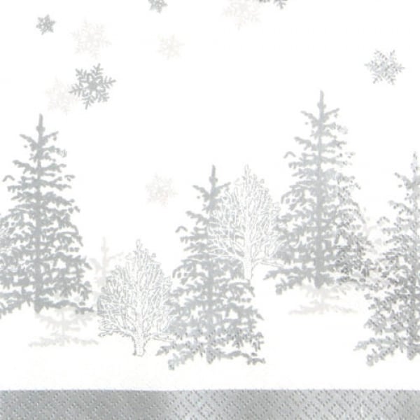 20er Pack Servietten Winterwald in Silber/Weiß, 33 x 33 cm.