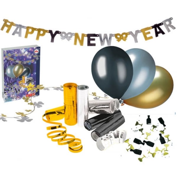 15 tlg. Party Raumdekoration Set Silvester in Gold, Silber und Schwarz.