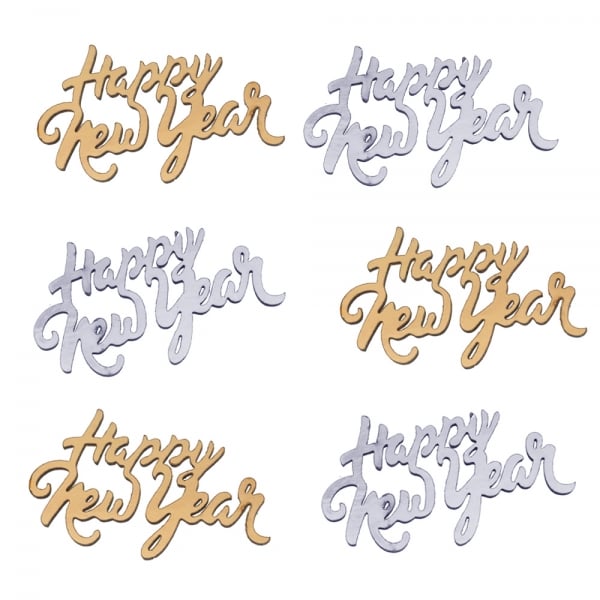 10 Holz Streuteile Silvester -Happy New Year- in Gold/Silber, 58 mm.