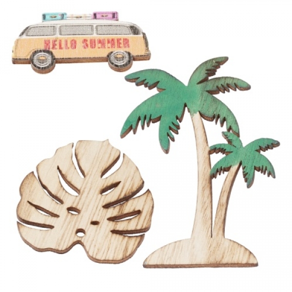 3 Holz Streuteile Sommer, Palme, Monsterablatt, Retro Bus, 50 - 85 mm.