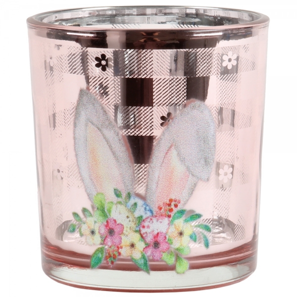 Teelichtglas Ostern, Hasenohren, Blümchen in Rosa/Silber verspiegelt, 80 mm.