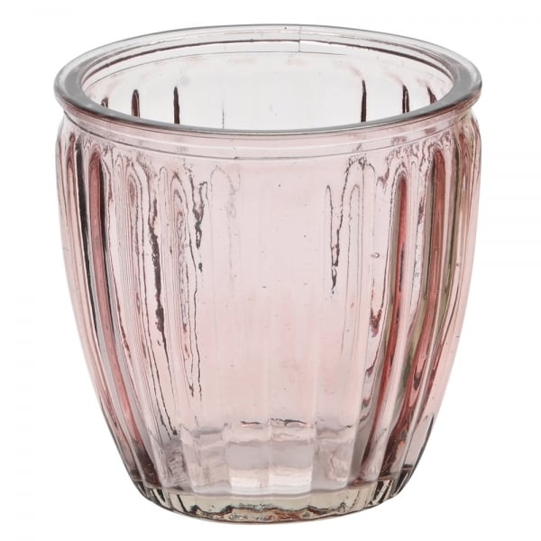 Teelichtglas mit vertikalen Rillen in Rosa, 10,5 cm.