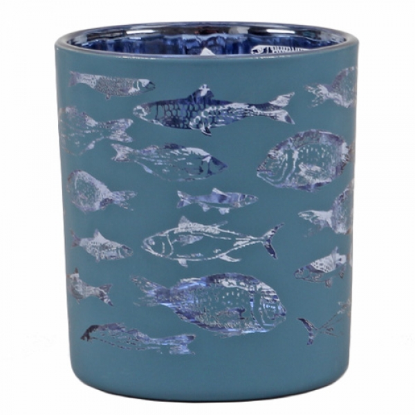 Teelichtglas Maritim, Fische in Blau/innen verspiegelt, 78 mm.