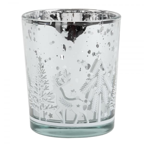 Teelichtglas Winterszene mit Hirsch in Silber verspiegelt, 67 mm.