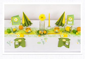 Tischdeko in den Farben Grün-Gelb